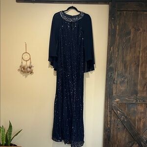 SLNY Navy Sequin Maxi Gown with Beaded Neck and Capelet